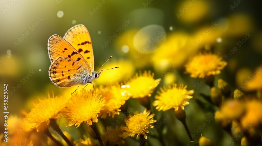 Close up of beautiful butterfly and yellow flowers and bright blur nature background with copy space. Generative Ai