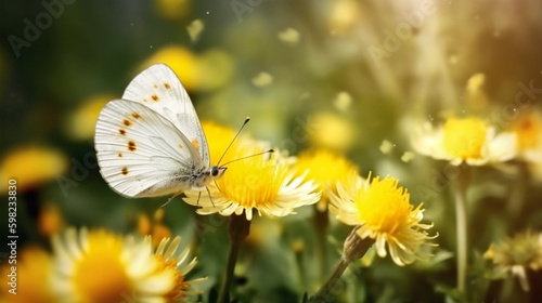 Close up of beautiful butterfly and yellow flowers and bright blur nature background with copy space. Generative Ai