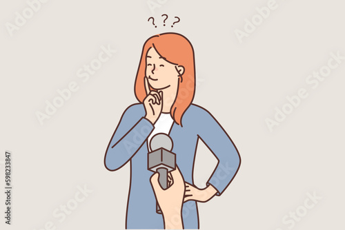 Thoughtful woman near microphone in hand of reporter interviewing passers-by and making question Generative AI