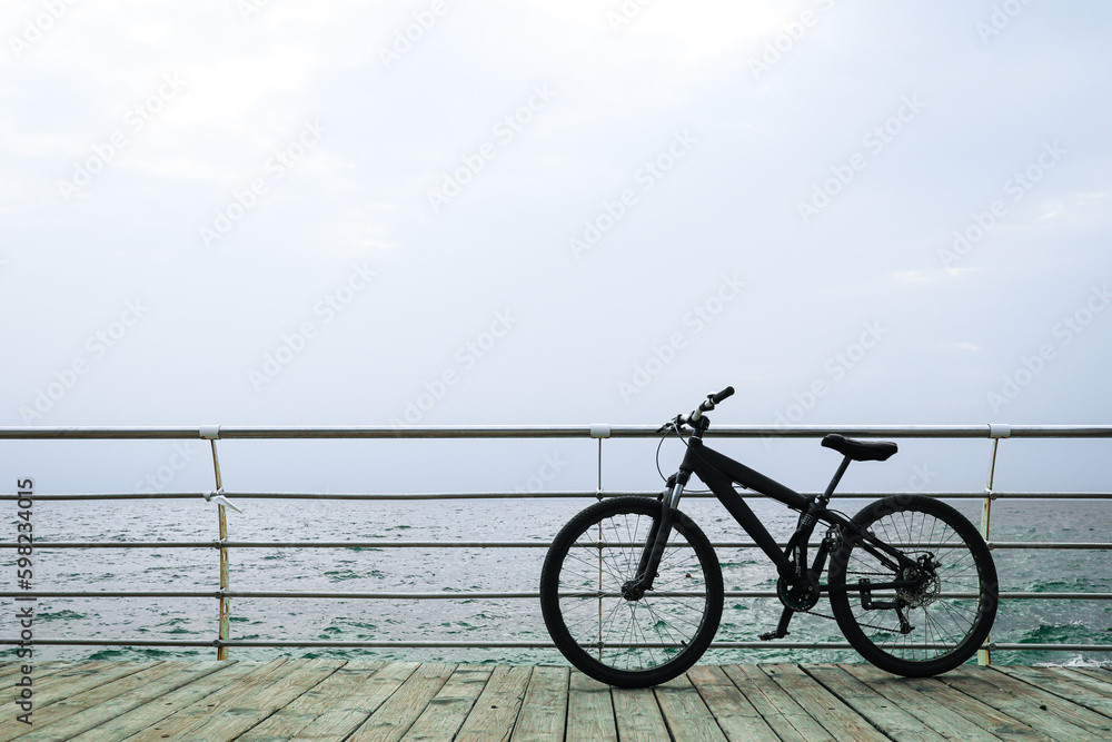 Sea view with bicycle, space for text