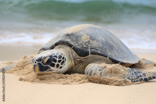 Sea turtle laying eggs on a sandy beac