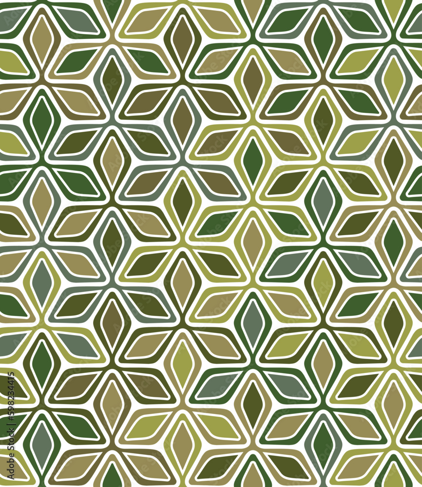 Geometric composition with green and brown rhombuses on a white background. Abstract floral design. Islamic retro style. Graphic textile texture. Seamless repeating pattern. Vector illustration. Geometric composition with green and brown rhombuses on a white background. Abstract floral design. Islamic retro style. Graphic textile texture. Seamless repeating pattern. Vector illustration.