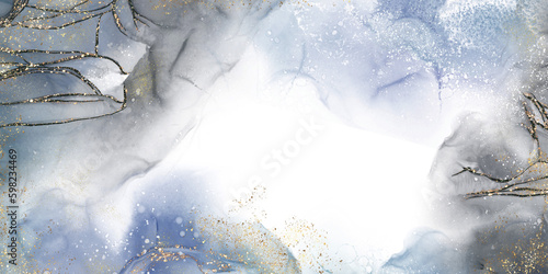 Watercolour drop Ink Splash Grey and Blue color with gold glitter on white background,Hand paint alcohol ink in abstract pattern,Illustration of spectacular abstract backdrop,Mable textured background