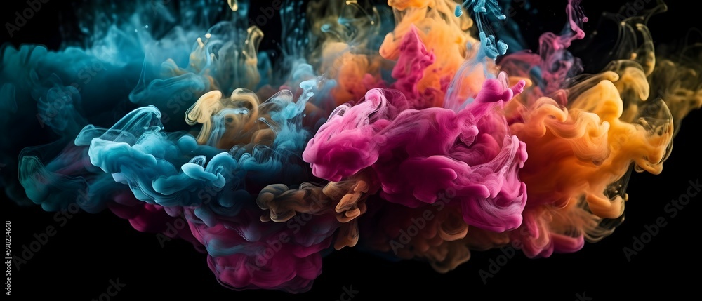 Colorful ink drops in water. Shiny glowing sparkling cloud smoke. Abstract orange, blue, cyan, pink, red, purple art paint background. Generative AI