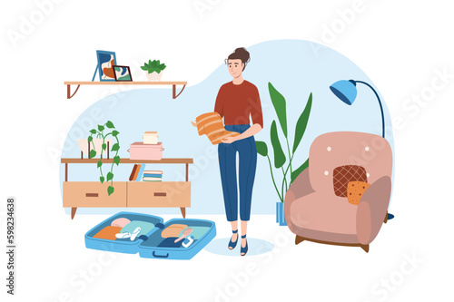 Blue concept Travel with people scene in the flat cartoon design. Woman packs her clothes and things to a suitcase before her big trip. Vector illustration.