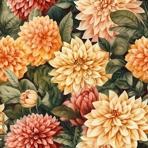 Red and yellow dahlia flowers. Botanical floral watercolor seamless pattern background. Generative AI