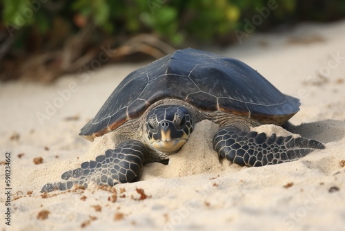 Sea turtle laying eggs on a sandy beac photo