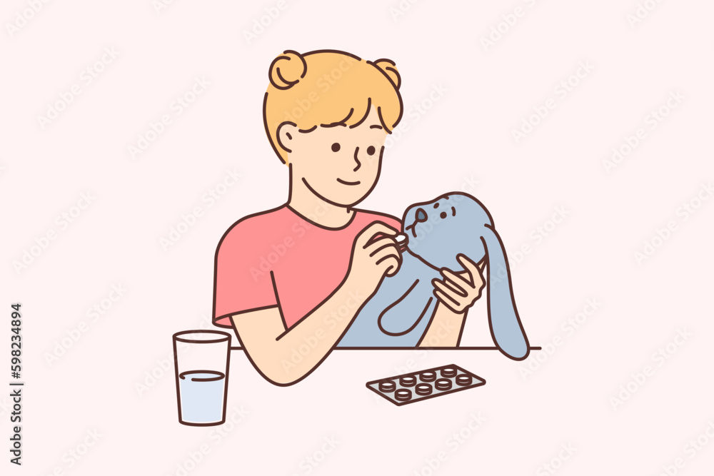 Little girl plays doctor or veterinarian giving pill of plush toy to cure illness Generative AI Little girl plays doctor or veterinarian giving pill of plush toy to cure illness Generative AI