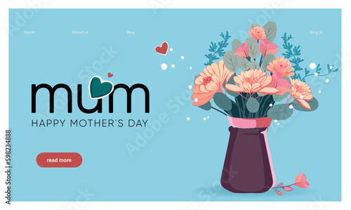 Happy mothers day illustration with woman holding a Flowers. Thank you card with blooming flowers. Use for Boarding Pass, birthday card, invitations, Birthday card Vector illustration Generative AI