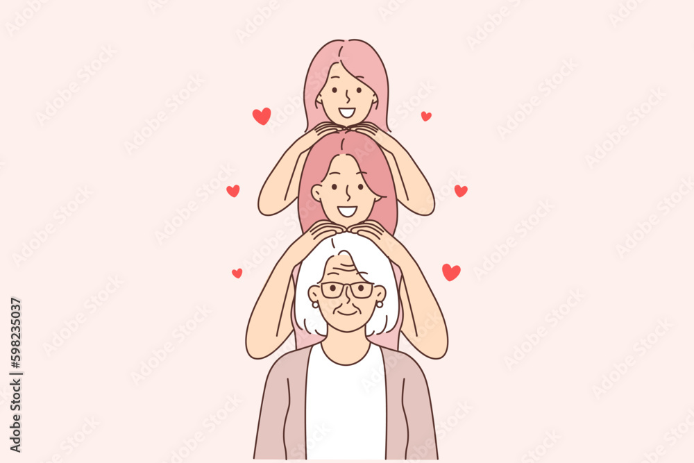 Three generations of happy women standing in row, from grandmother and mother with daughter Generative AI Three generations of happy women standing in row, from grandmother and mother with daughter Generative AI