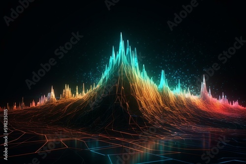 Neon-lit 3D abstract panorama with glowing dynamic lines, power pulses, equalizer chart, UV spectrum, and quantum energy. Generative AI