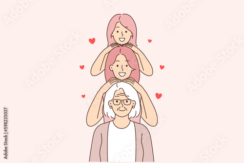 Three generations of happy women standing in row, from grandmother and mother with daughter Generative AI