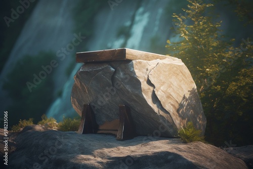 3D illustrated empty rock podium for product display showcasing in natural background. Generative AI