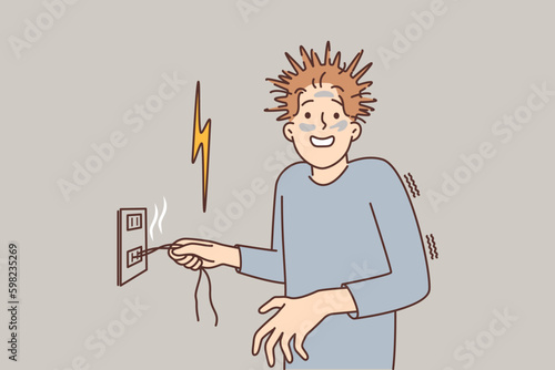 Man received electric shock with shaggy hair is holding on to wire sticking out of outlet Generative AI