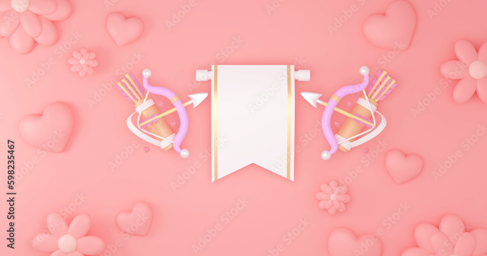 Valentines Day festive background on February 14. Holiday decor realistic 3d objects, love angel cupid, red lips, XO symbol, pair of cherries, render shape heart, Realism design banner and web poster.