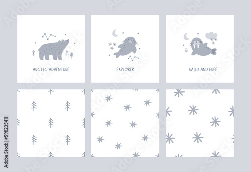 Cute cartoon arctic animais in doodle style. Arctic adventure vector print with bear, seal, walrus, stars, moon 