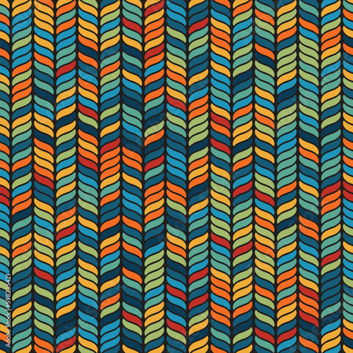 Seamless repeating pattern. Abstract multicolored vertical ropes on a black background in chevron style. Geometric design tile. Graphic vector texture for textile, wrapping, packaging, print, and web.