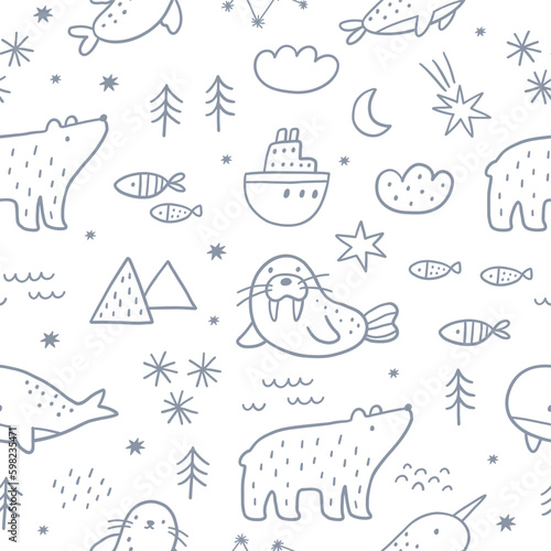 Cute cartoon arctic animais in doodle style. Arctic adventure vector seamless pattern with bear, seal, whale, walrus, stars, tree, ocean