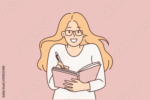 Smart woman student holds pen and notepad writing down lecture or keeping diary with secret desires Generative AI