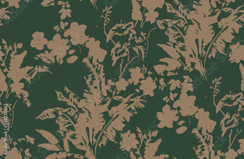 Fall winter colors flowers new fashion.  Abstract Digital Paint Meadow plants, leaves, leaf and small daisy Floral silhouettes Seamless Pattern Isolated Background perfect for textiles and decoration 