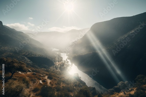 Sunbeams float amid dust particles in Hetch Hetchy. Generative AI
