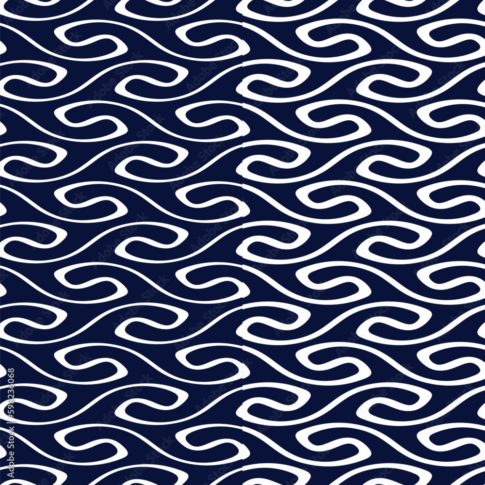 Seamless abstract pattern of sea waves. Horizontal white wavy lines on a blue background. Stylish design. Modern geometric style. Graphic texture for textile, printing, wrapping, and packaging. Seamless abstract pattern of sea waves. Horizontal white wavy lines on a blue background. Stylish design. Modern geometric style. Graphic texture for textile, printing, wrapping, and packaging.