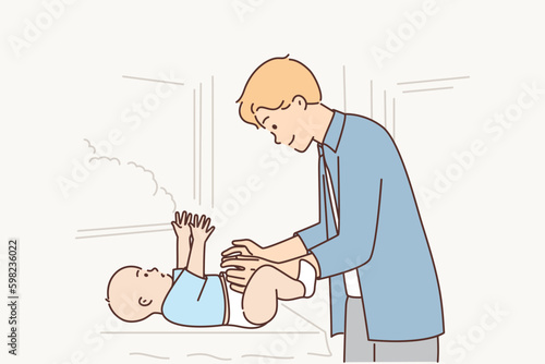 Father changes nappy baby lying on changing table and takes care of little newborn son Generative AI