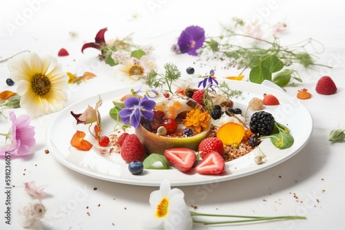Plate of assorted food on white tablecloth with flowers and garnishes. Generative AI