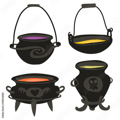 A set of witch cauldrons with colored potions. Ancient varieties of black witch cauldrons with signs stand on stands and hang on handles. Isolated vector illustration. Halloween-style collection