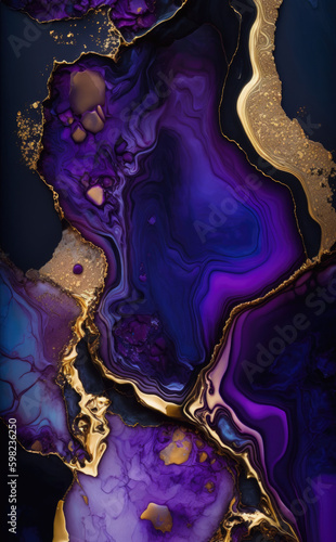 Wallpaper Mural Luxurious Acrylic Pour Wallpaper. Paint Swirls in Beautiful Purple and Black colors, with Gold Powder. Generative AI. Torontodigital.ca