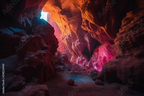 A cave with pink and yellow forms that waver. Generative AI