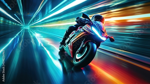 Neon Motorcycle Racing on the Track. Generative AI © _veiksme_