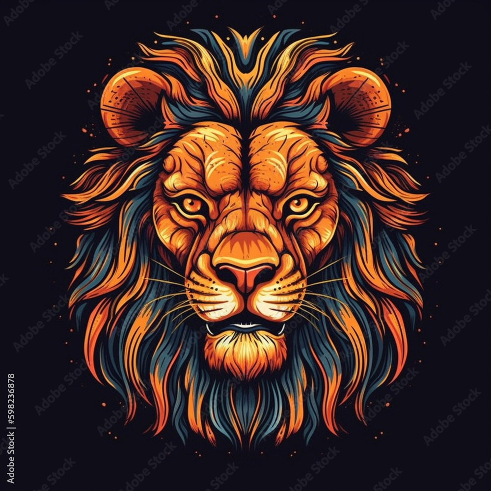 2d lion mascot for t-shirt brand on black background. Generative AI