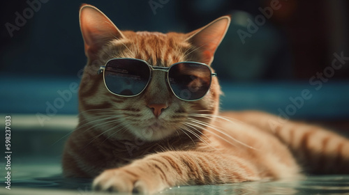 cat wearing sunglasses rest in the pool on the air mattress. generative ai