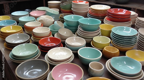 Ceramic kitchen cups and plates and bowls. generative AI