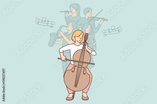 Woman plays violin in acoustic concert together with musical group and performs classical symphony  Generative AI