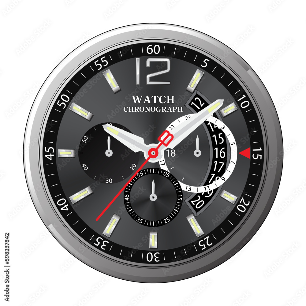 Realistic clock watch face chronograph dark silver on white background vector Realistic clock watch face chronograph dark silver on white background vector