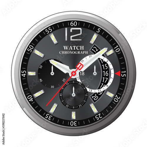 Realistic clock watch face chronograph dark silver on white background vector
