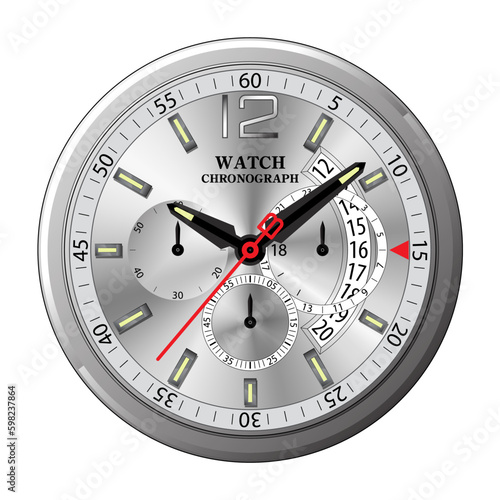 Realistic clock watch face chronograph silver on white background vector