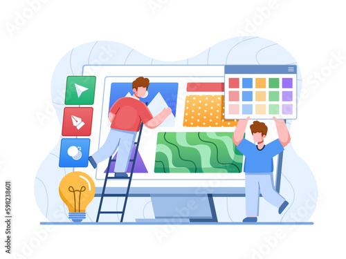 A vector illustration depicting a group of designers working collaboratively around a computer monitor, creating a creative and collaborative work environment. Perfect for web, animation, apps, etc.