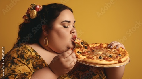 Young fat woman eating pizza. Ai Generative.