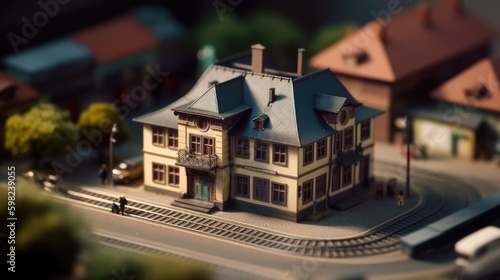 Scale model miniature of a train station, Ai Generative.