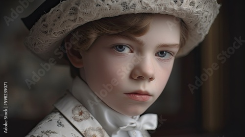 Little boy dressed in ancient clothes, serious and worried look. Ai Generative.
