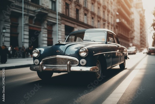 Vintage automobile driving through urban streets. Generative AI © Ysabel