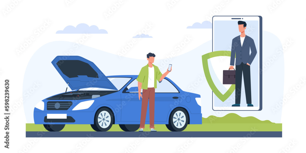 Car insurance, man calls insurance service because of car breakdown. Agent on smartphone screen. Compensation for damage after transport accident on road, cartoon flat style vector concept Car insurance, man calls insurance service because of car breakdown. Agent on smartphone screen. Compensation for damage after transport accident on road, cartoon flat style vector concept
