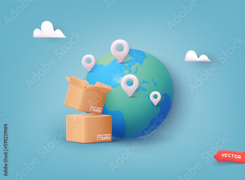 3D earth globe with pinpoints online deliver service, pin location point marker. Carton delivery packaging with fragile signs. 3D Vector Illustrations.