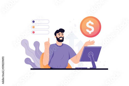 Investment violet concept with people scene in the flat cartoon style. Business man decides where it is better to invest money. Vector illustration.