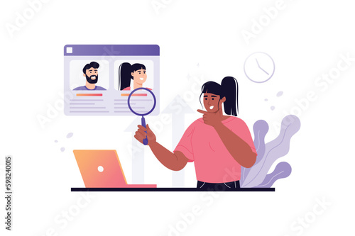 Recruiting violet concept with people scene in the flat cartoon design. Recruiter selects candidates who are suitable for a specific job. Vector illustration.