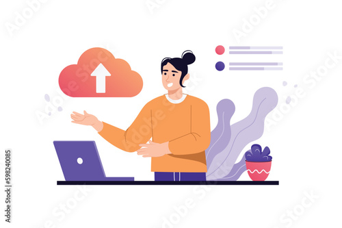 Cloud service violet concept with people scene in the flat cartoon design. Woman upload important information to a cloud service because it is conveniently. Vector illustration.