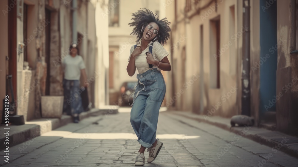 afro american girl with headphones dancing on the street, generative ai